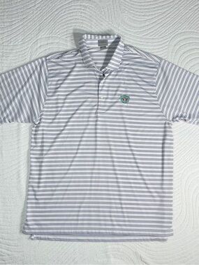Fennec Highly Evolved Men’s White & Navy Striped Golf Polo Shirt